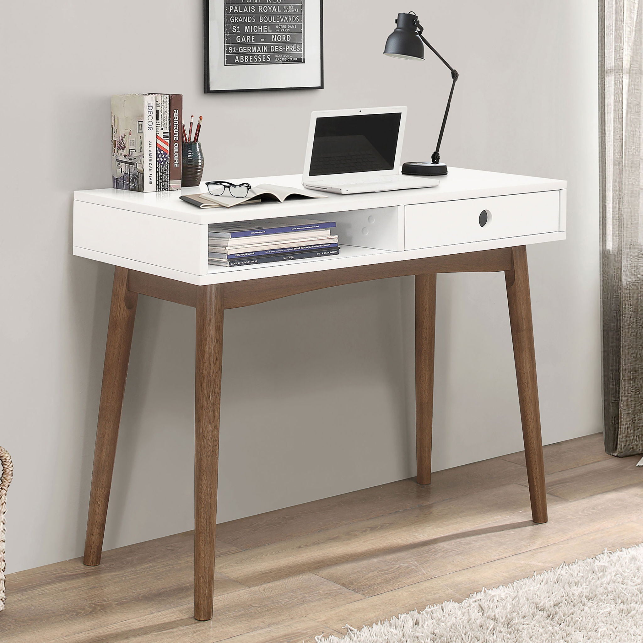 1 Drawer Writing Desk, Compact Size For Home Office - White