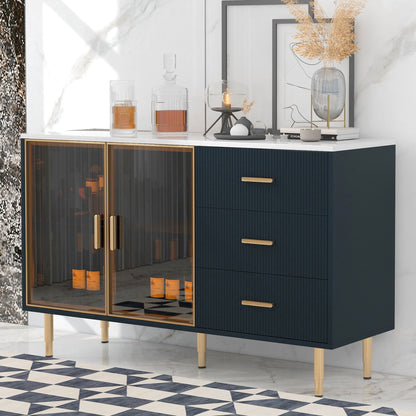 Modern Sideboard Buffet Cabinet Marble Sticker Tabletop And Amber-Yellow Tempered Glass Doors With Gold Metal Legs &amp; Handles