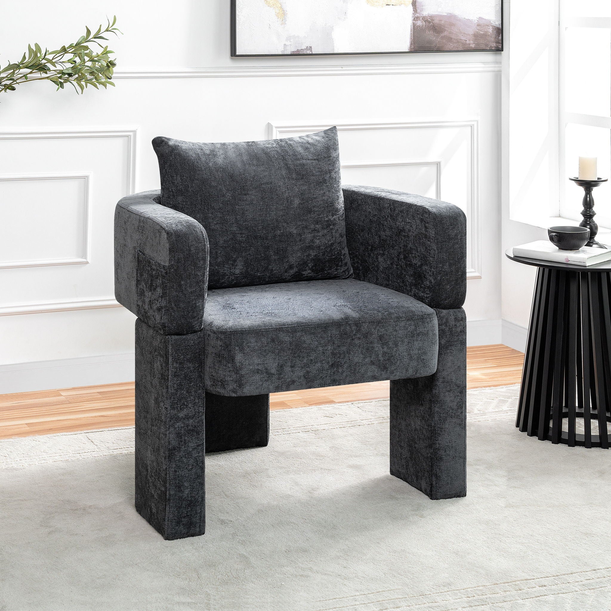 Modern 3 Leg Chenille Accent Chair With Ergonomic Arms &amp; Removable Pillow