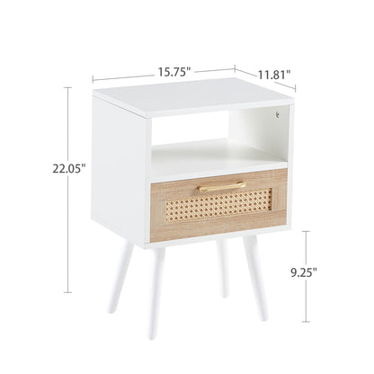 15.75&quot; Rattan End Table With Drawer And Solid Wood Legs, Modern Nightstand, Side Table For Living Room, Bedroom