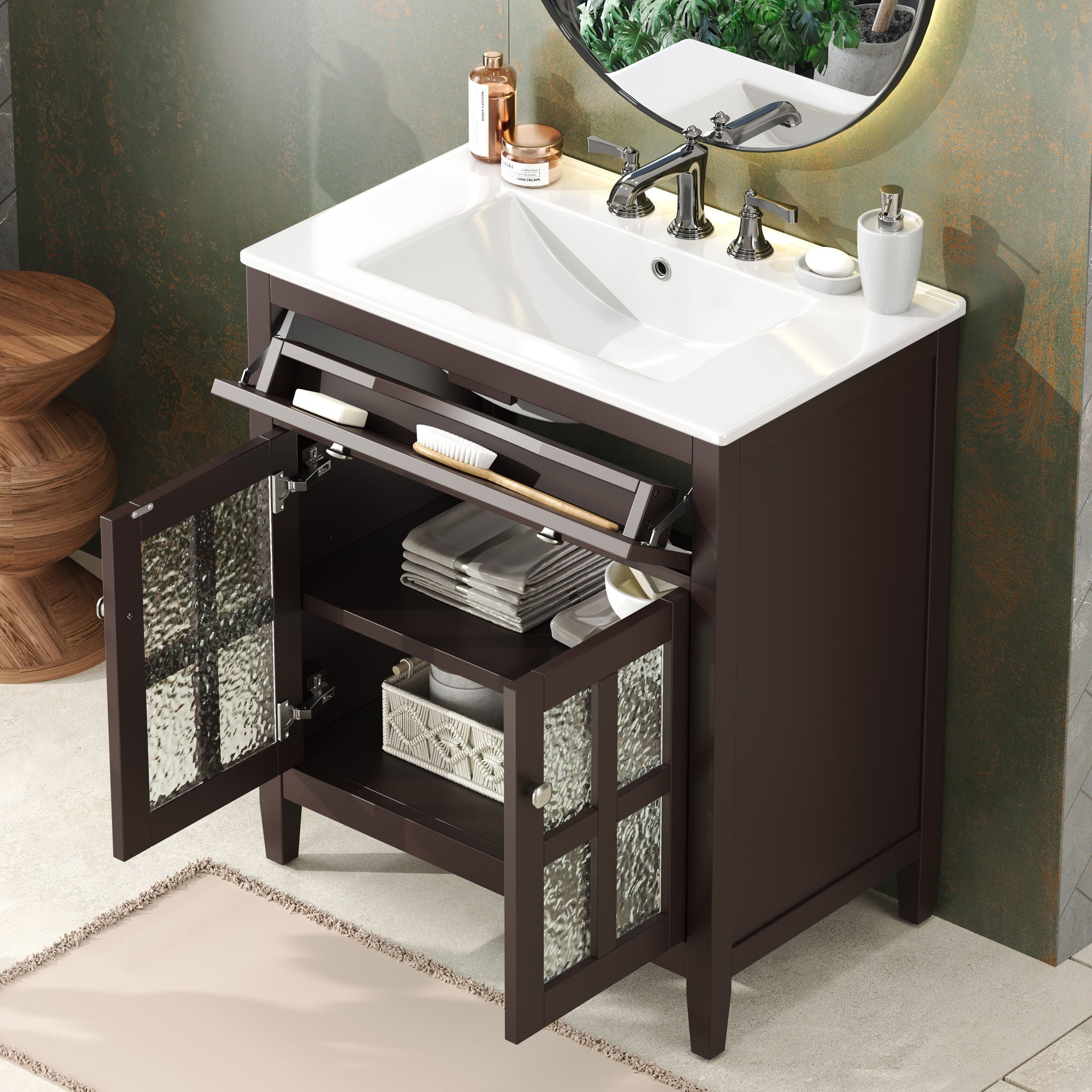 Bathroom Vanity With Ceramic Sink, Adjustable Shelf &amp; Tip Out Tray