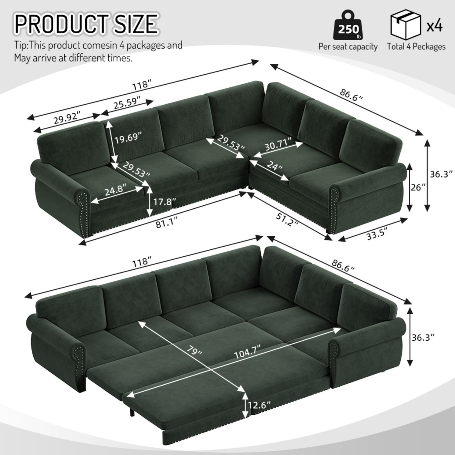 L-Shaped Sofa Couch With Pull Out Bed With Nailhead Trim &amp; Rolled Arm