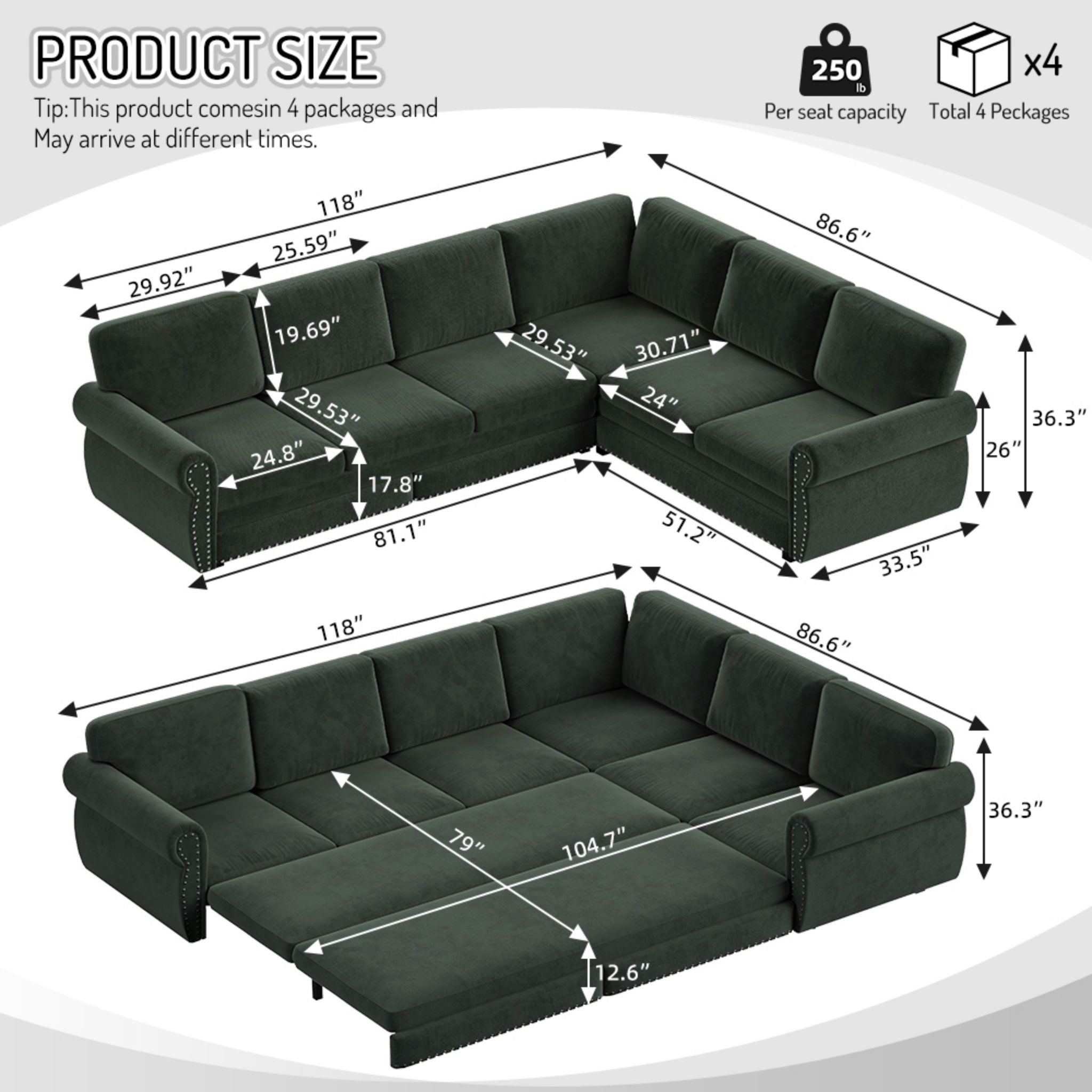 L-Shaped Sofa Couch With Pull Out Bed With Nailhead Trim &amp; Rolled Arm