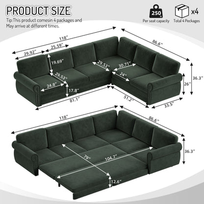 L-Shaped Sofa Couch With Pull Out Bed With Nailhead Trim &amp; Rolled Arm