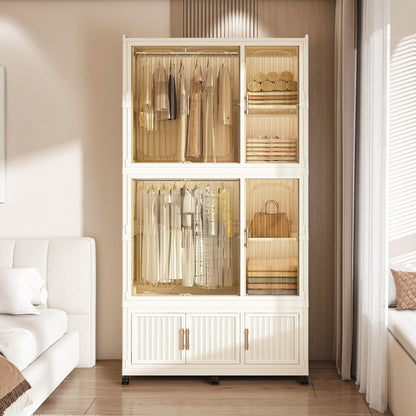 Portable Wardrobe Closet Storage Organizer For Clothes, 9 Magnetic Doors With 9 Cubes &amp; 2 Hanging Rods, 6 Hangers - Cream White