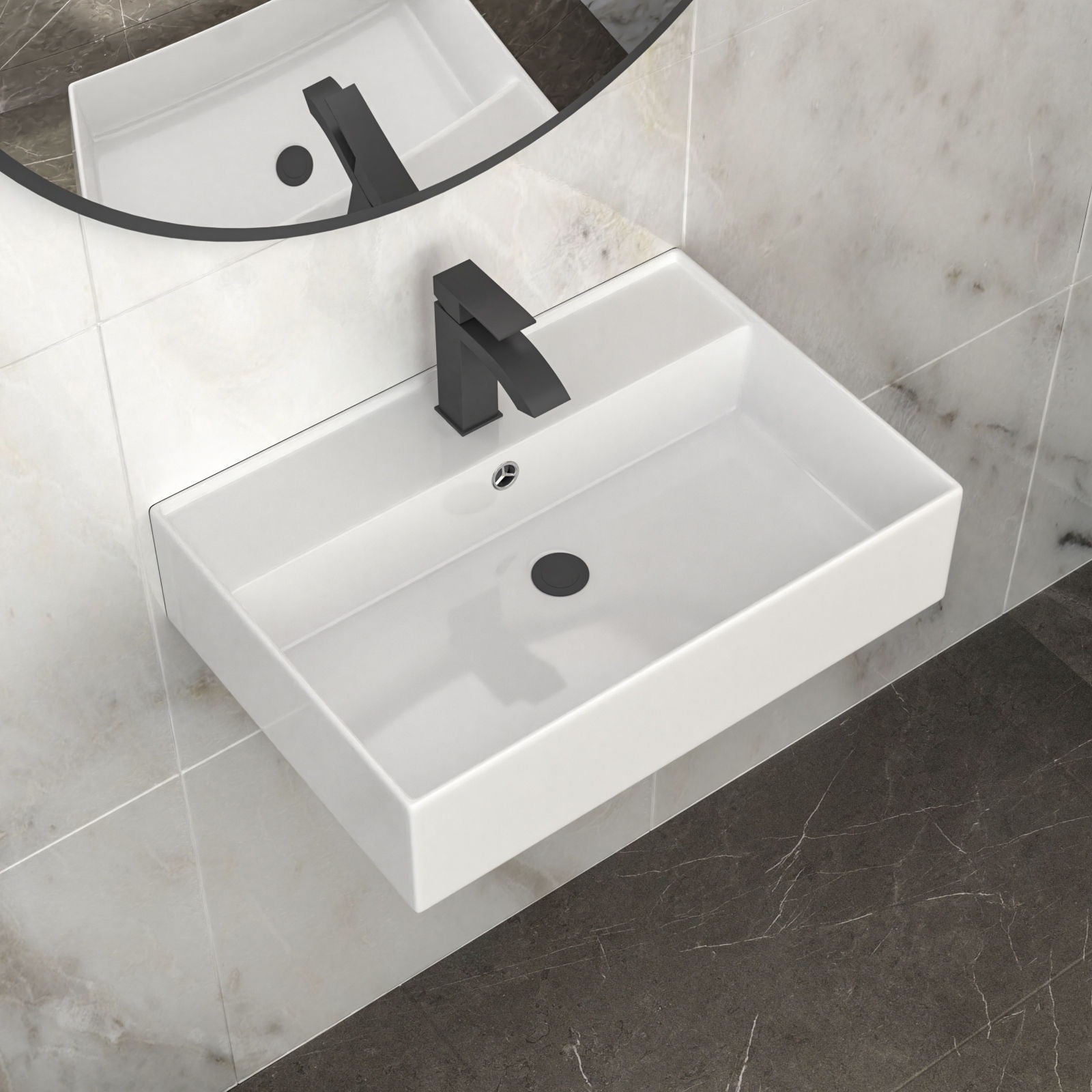 Modern Ceramic Rectangular Wall Mounted Bathroom Sink With Faucet Hole &amp; Overflow