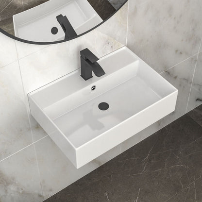 Modern Ceramic Rectangular Wall Mounted Bathroom Sink With Faucet Hole &amp; Overflow