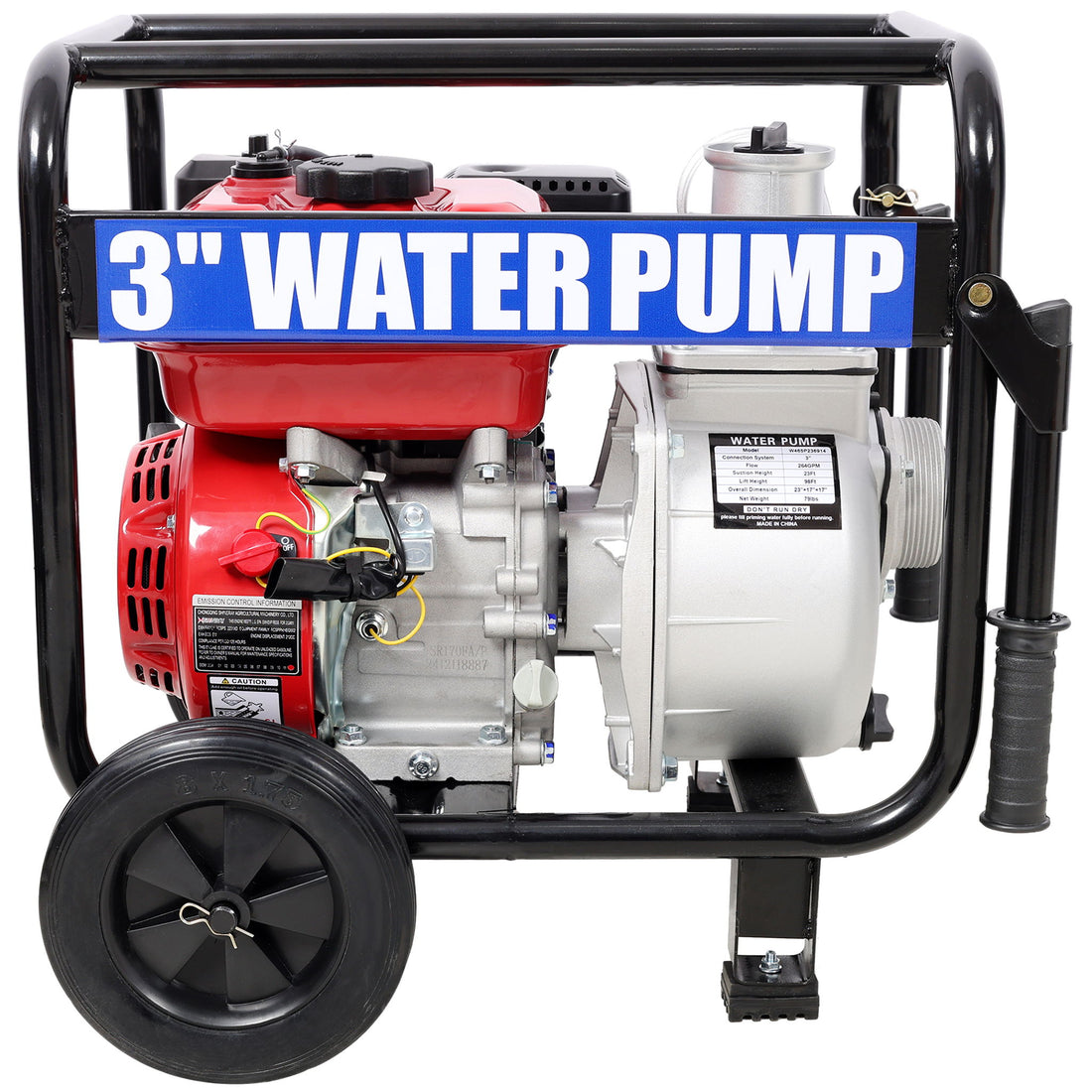 Gas Engine Powered Water Pump 3&quot; Inlet &amp; Outlet 7Hp 212Cc Epa Certified With Wheels And Handle - Black / Red