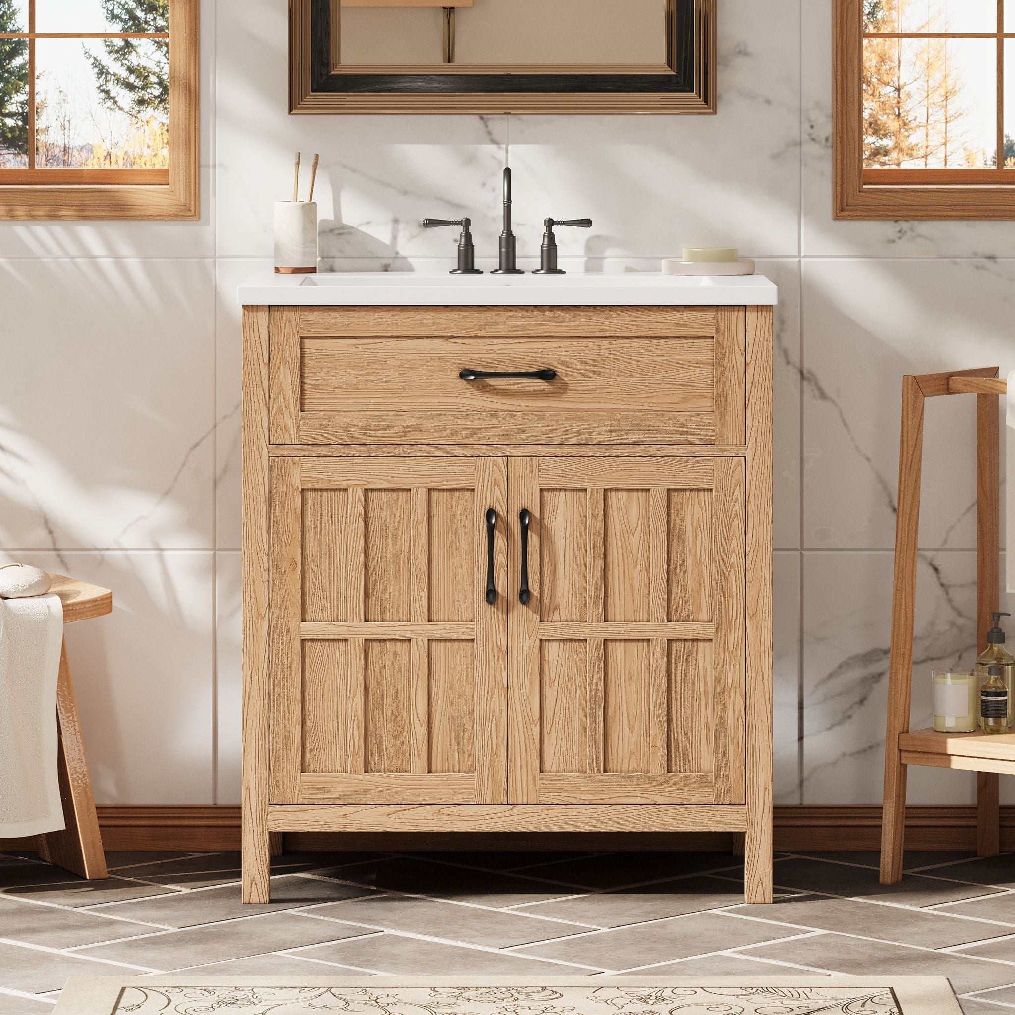 Bathroom Vanity With Sink, Adjustable Shelf &amp; Door Organizers - Walnut