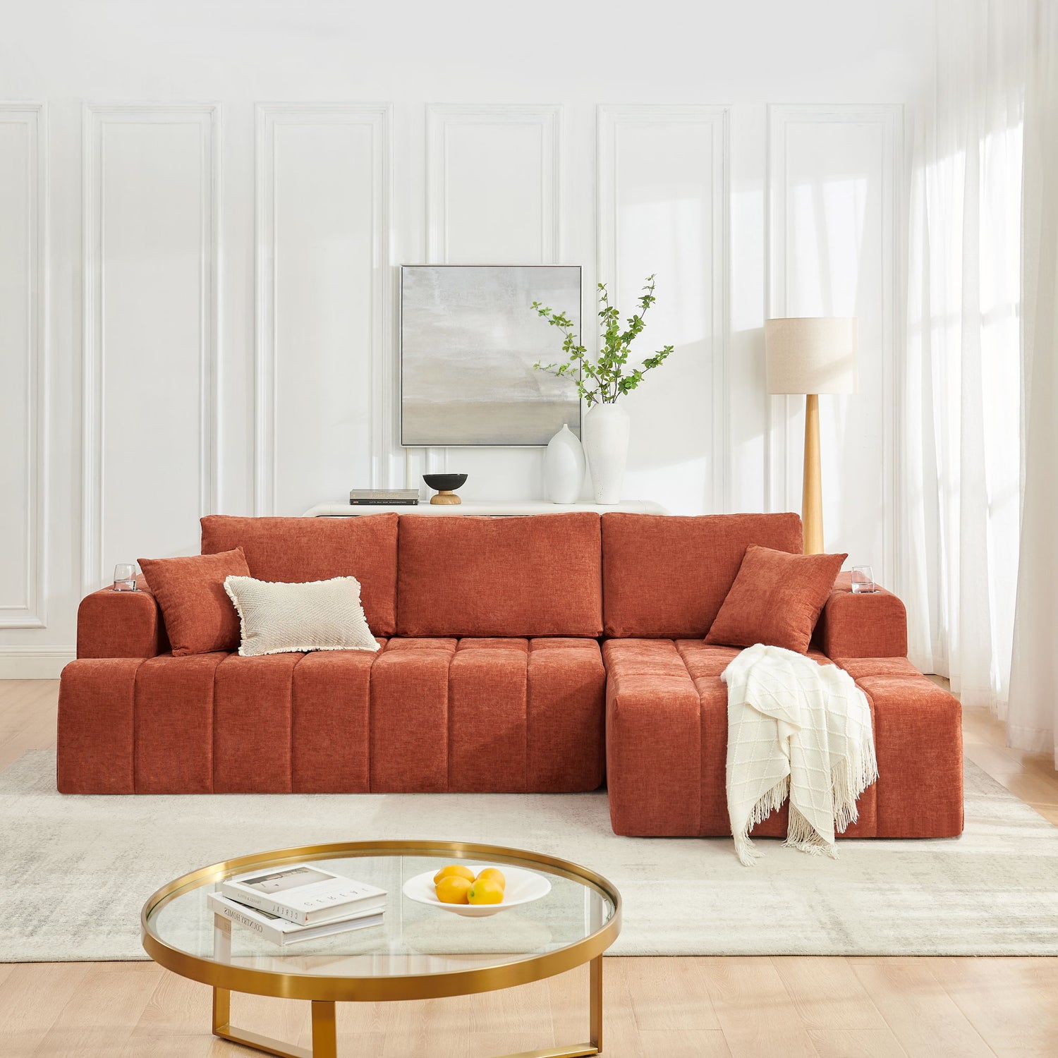 L - Shaped Sectional Sofa With Cup Holders &amp; Side Pockets