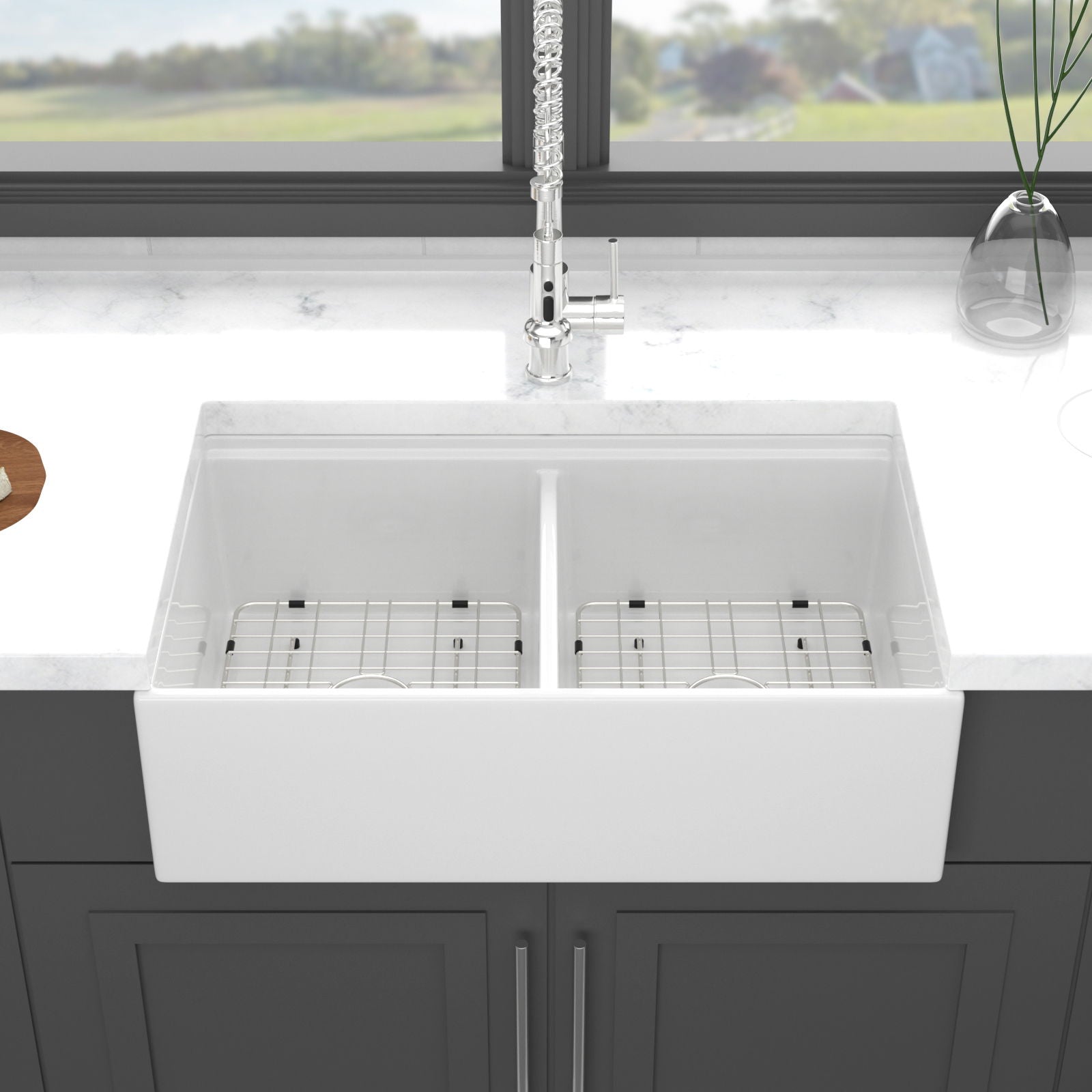 Farmhouse Sink Workstation 33&quot; Ceramic Double Bowl Kitchen Sink With Ledges - White