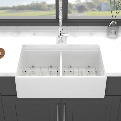Farmhouse Sink Workstation 33&quot; Ceramic Double Bowl Kitchen Sink With Ledges - White