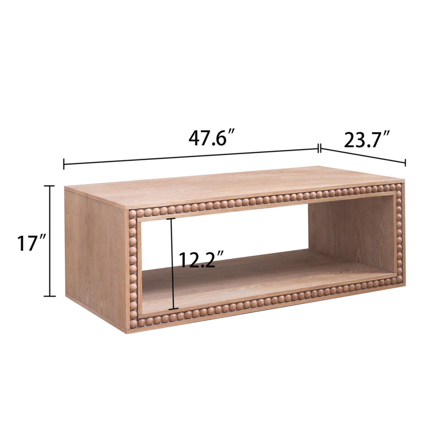 Beaded Edge Coffee Table, Rectangular Center Table With Open Storage Shelf - Antique Natural / Light Natural / Natural