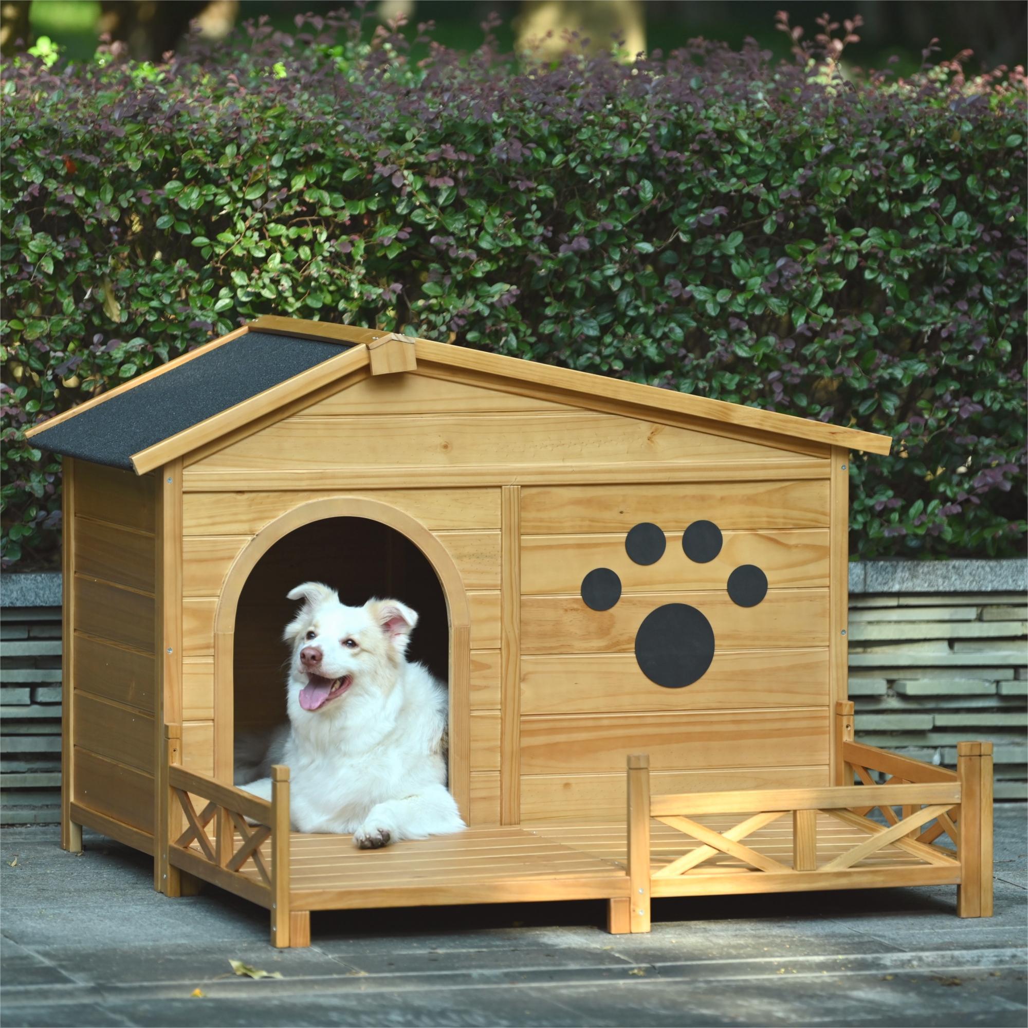 Wooden Dog House Outdoor With Porch, Dog Kennel With Water Resistant Asphalt Roof And Fencing, Indoor &amp; Outdoor Dog Crate With Paw Print, Medium - Nature