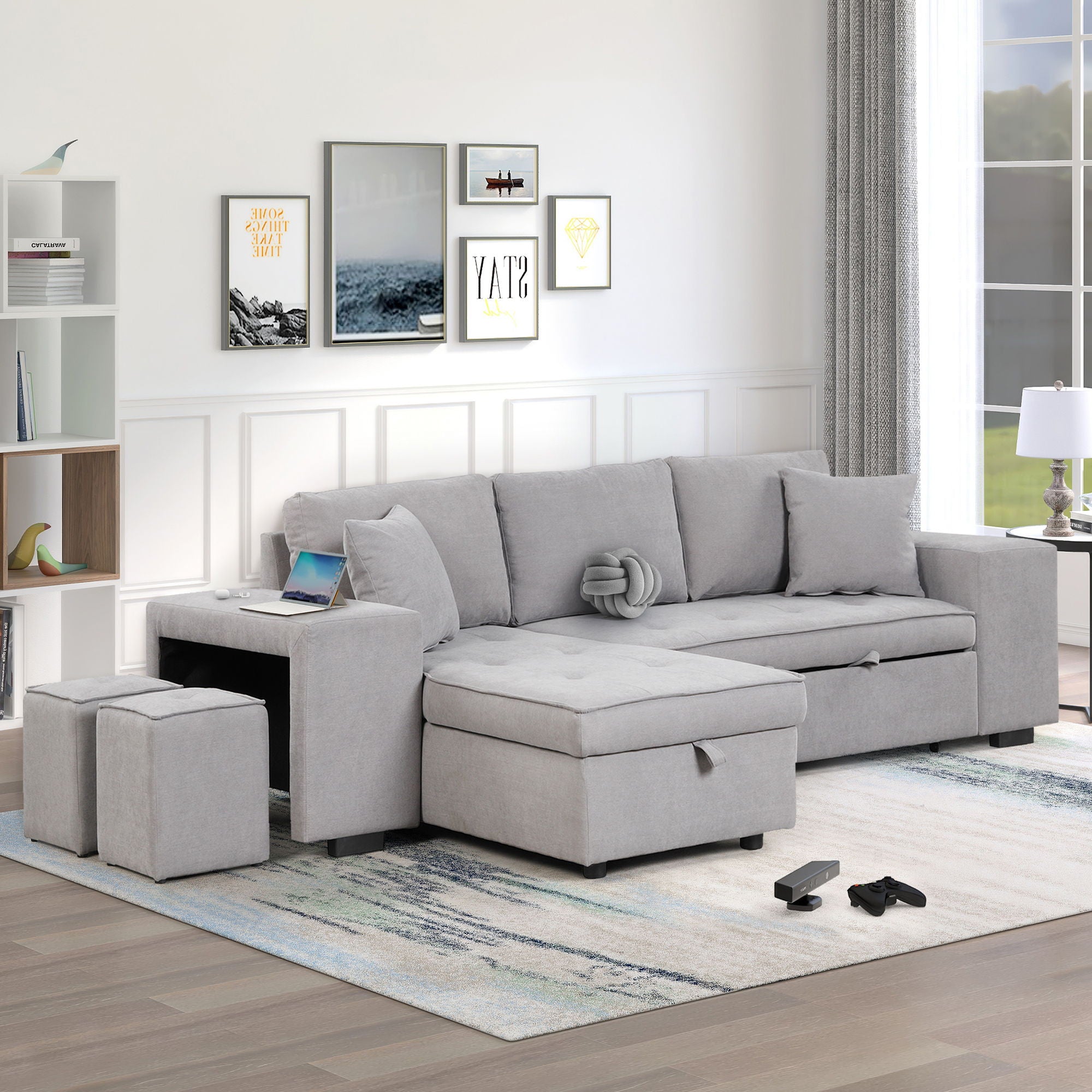 Modern L-Shape 3 Seat Reversible Sectional Couch, Pull Out Sleeper Sofa With Storage Chaise And 2 Stools For Living Room Furniture Set