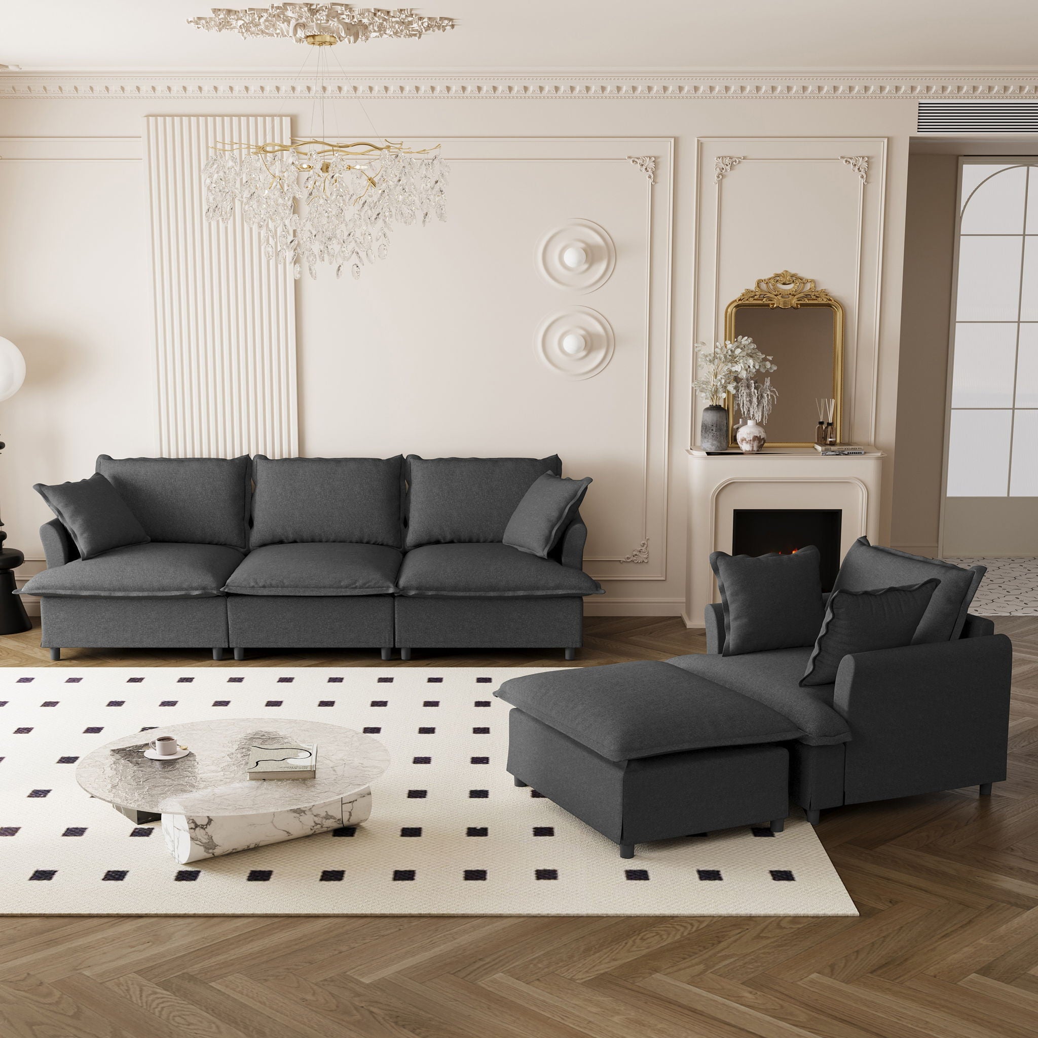 Living Room Set Modular Sectional Couch, Upholstered Sofa &amp; Armchair &amp; Movable Ottoman
