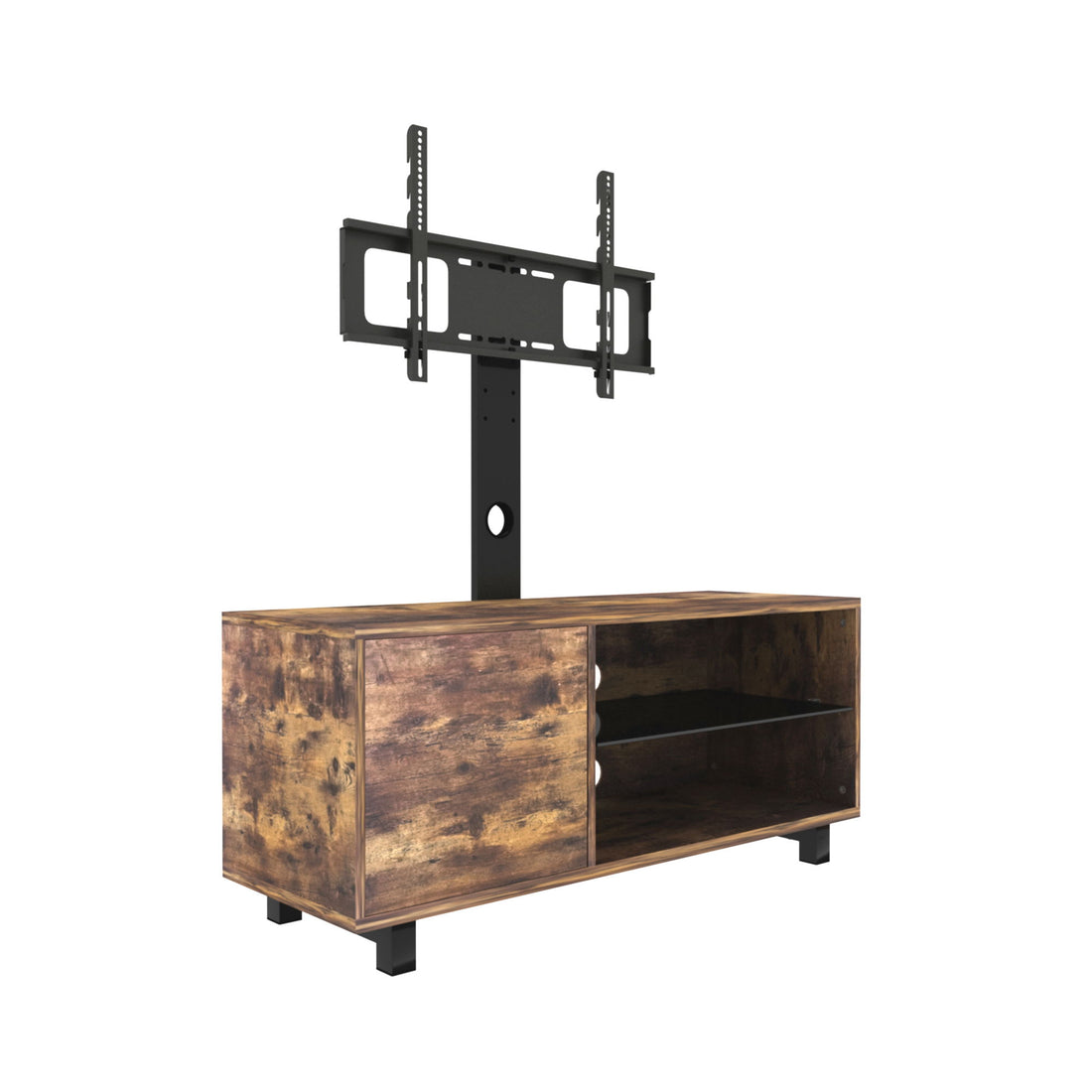 Rustic Brown TV Console With Push-To-Open Storage Cabinet For TV, Wood &amp; Glass TV Stand For Living Room Bedroom - Rustic Brown