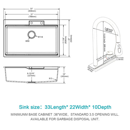 Waterfall Kitchen Sink With Pull Out Faucet &amp; Cup Washer