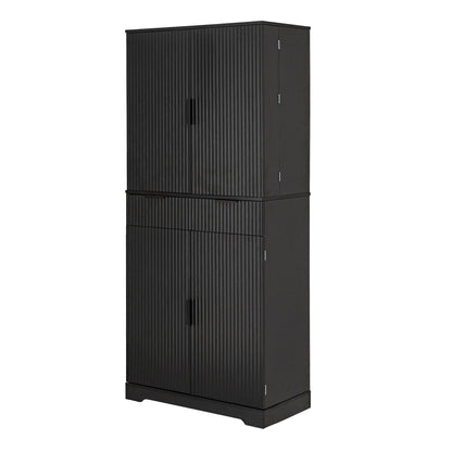 Fluted Kitchen Pantry Cabinet With 3 Keyboard Drawers &amp; 6 Door Shelves Adjustable