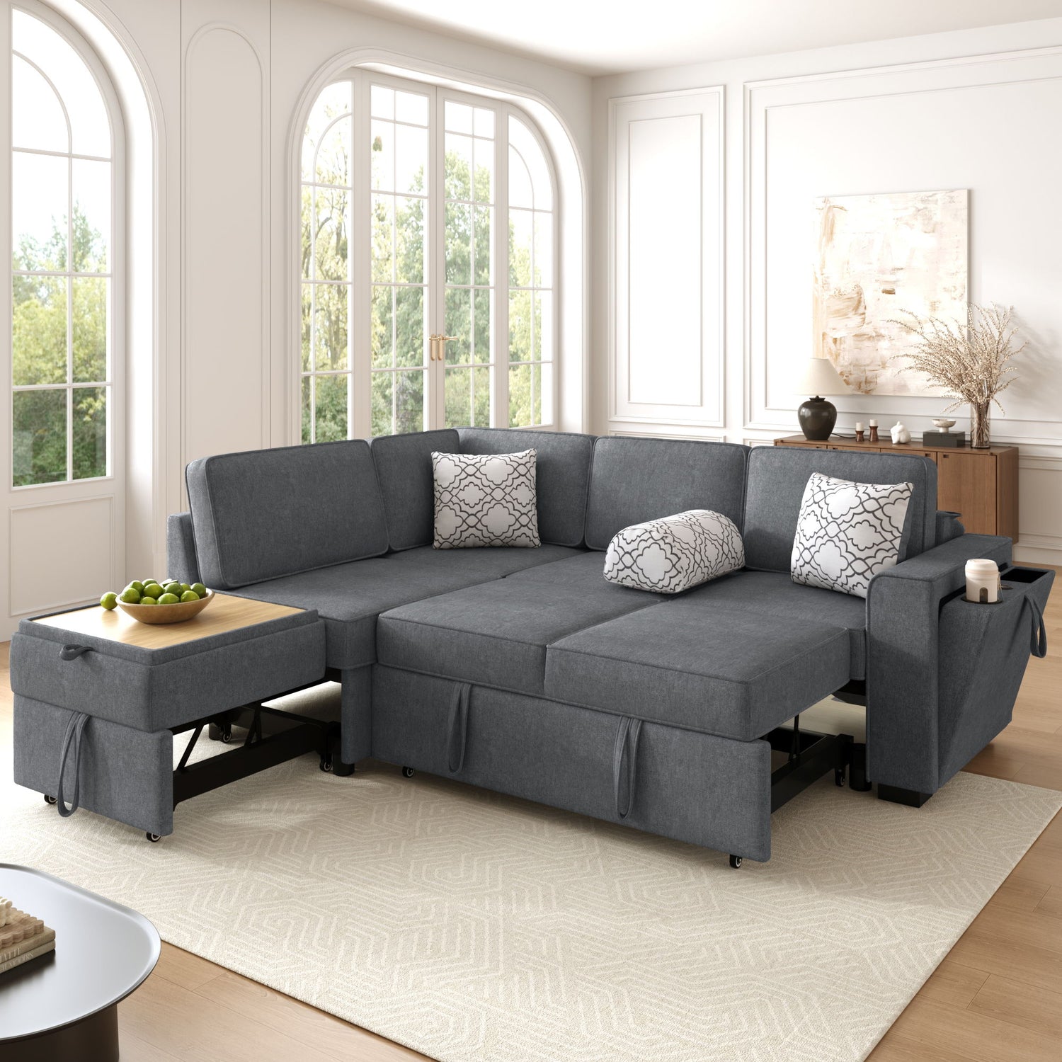 Convertible Sectional L-Shaped Sofa With Dual Pull-Out Sleepers, Flip-Top Table, USB Ports, Cup Holder &amp; Storage