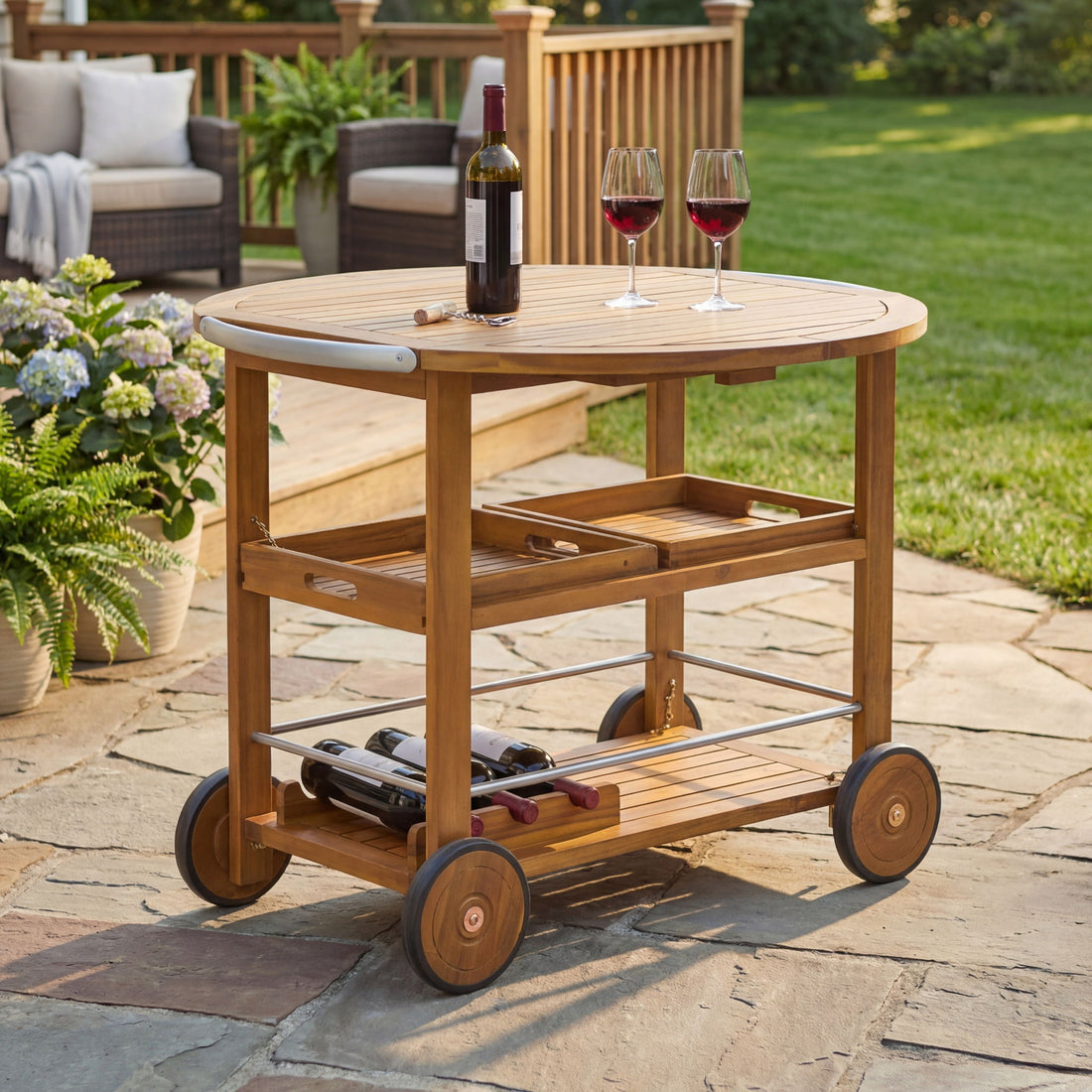 Outdoor Bar Cart With Foldable Tabletop &amp; Removable Trays - Teak