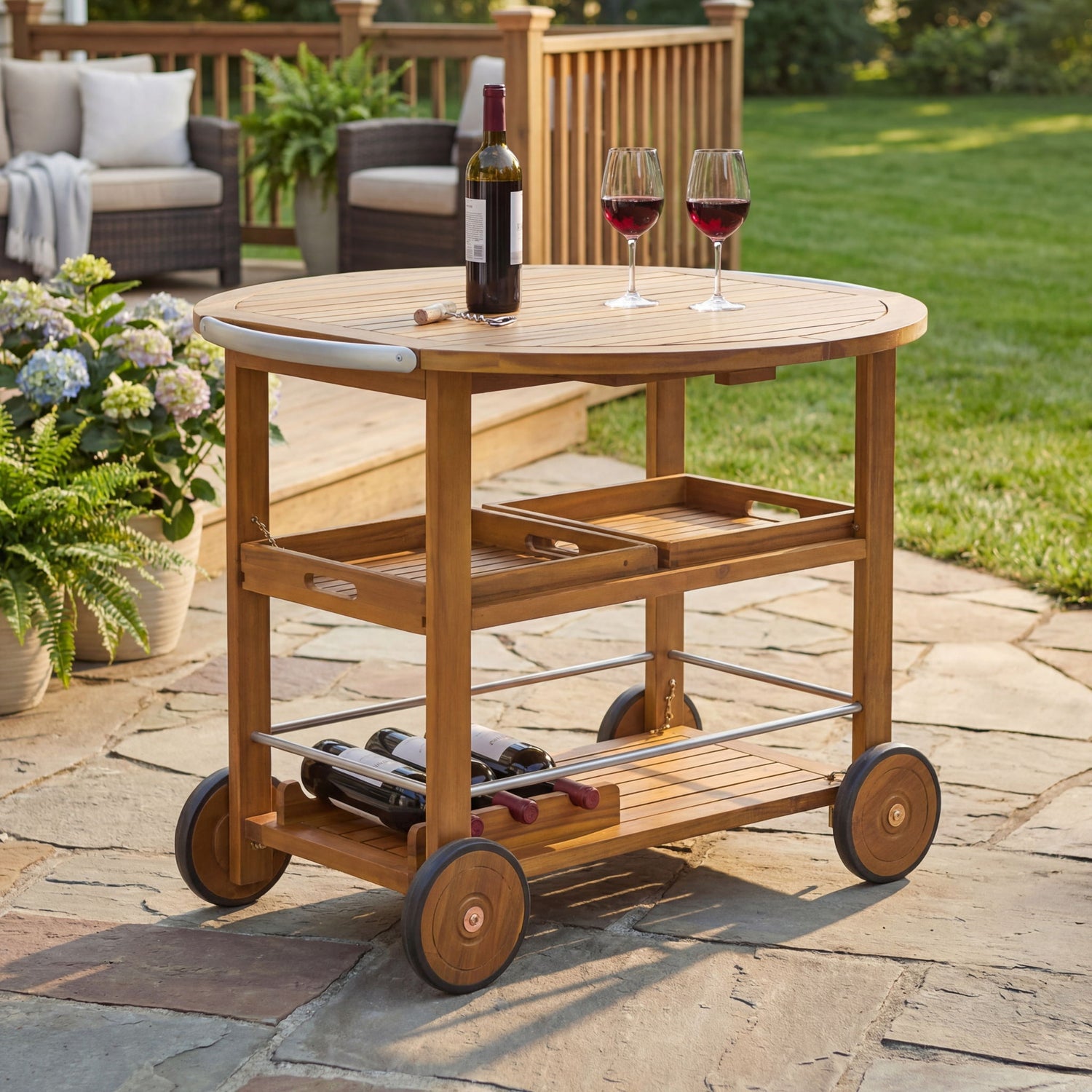 Outdoor Bar Cart With Foldable Tabletop &amp; Removable Trays - Teak