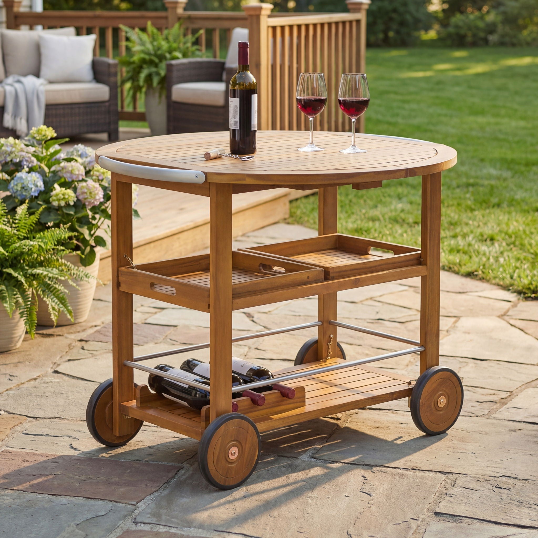 Outdoor Bar Cart With Foldable Tabletop &amp; Removable Trays - Teak