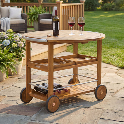 Outdoor Bar Cart With Foldable Tabletop &amp; Removable Trays - Teak