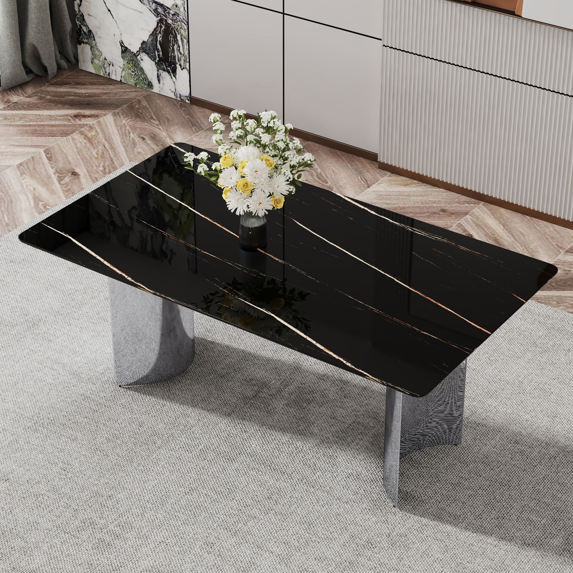 Modern Minimalist Dining Table With Marble Glass Top