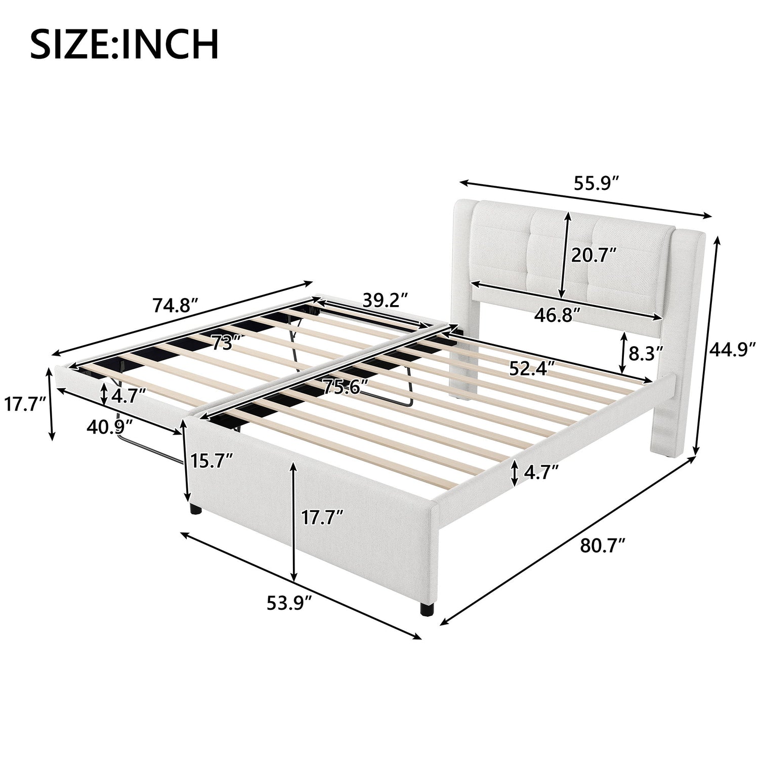 Upholstery Platform Bed With Trundle,Trundle Can Be Flat Or Erected
