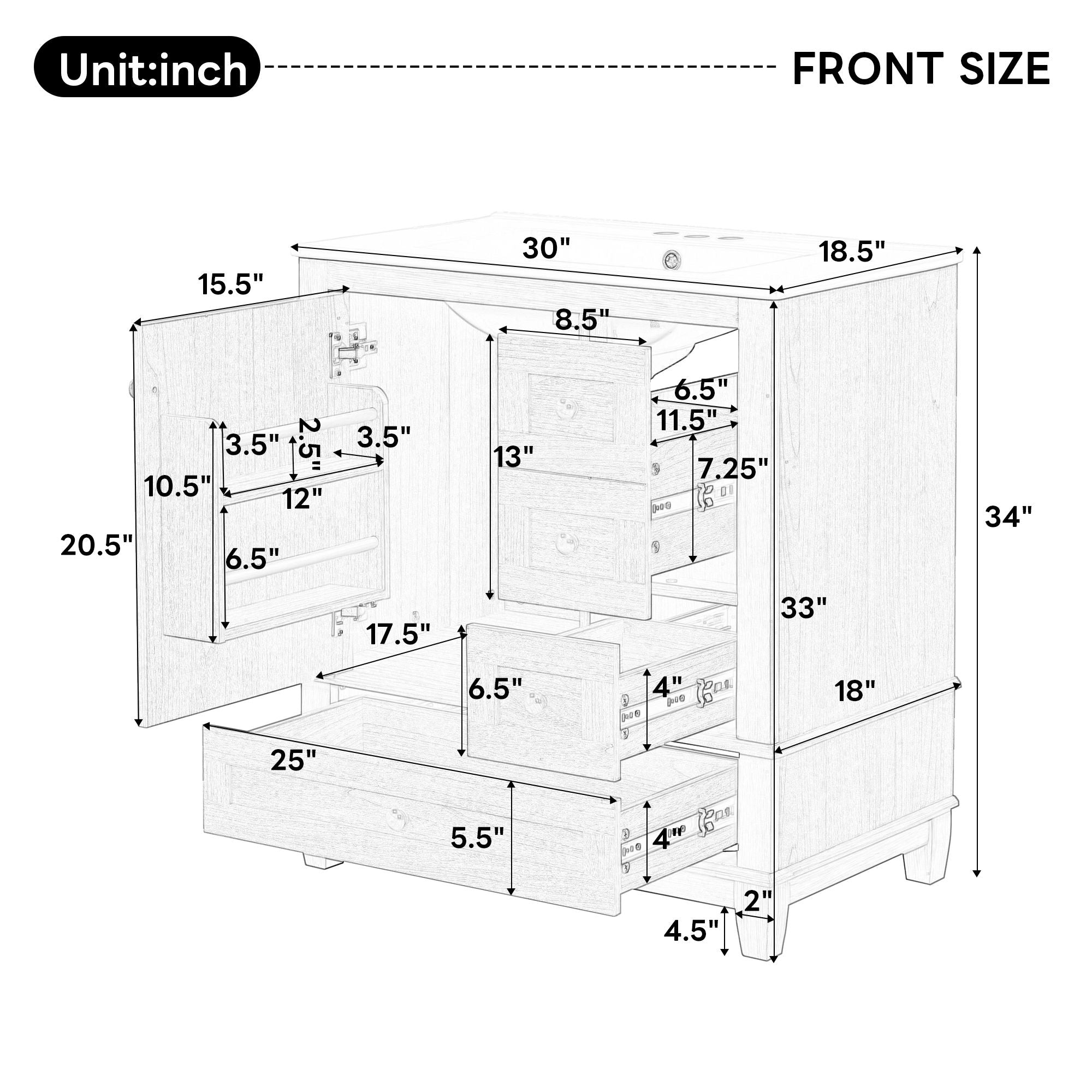 Freestanding Bathroom Vanity With Sink, Soft Close Doors &amp; Drawers, Ample Storage - Wood