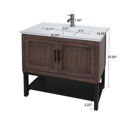 Modern Freestanding Bathroom Vanity With Ceramic Sink, Hot And Cold Faucet, Storage Cabinet &amp; Open Shelf