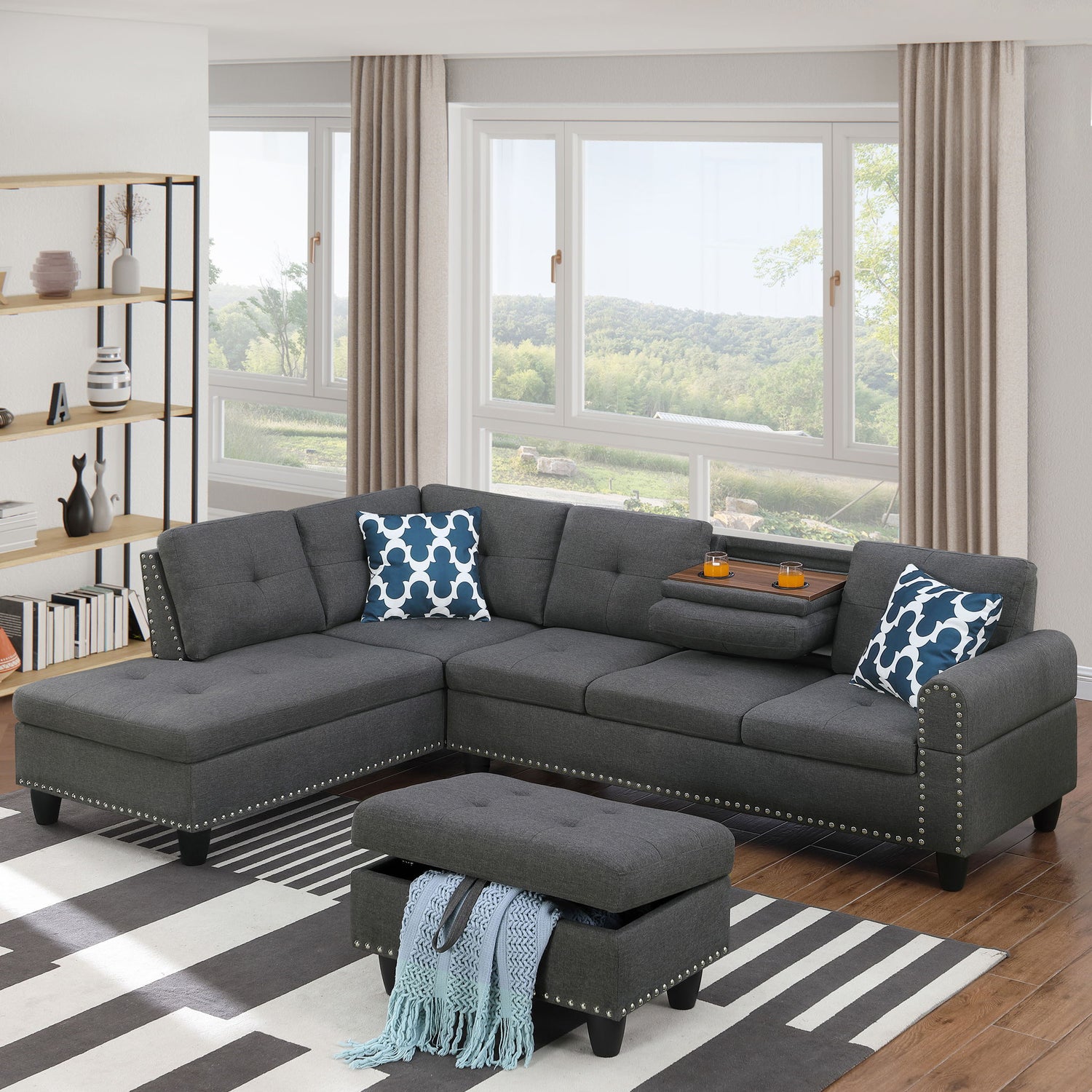 Alger - Left Hand Facing Sofa &amp; Chaise With Ottoman - Dark Gray