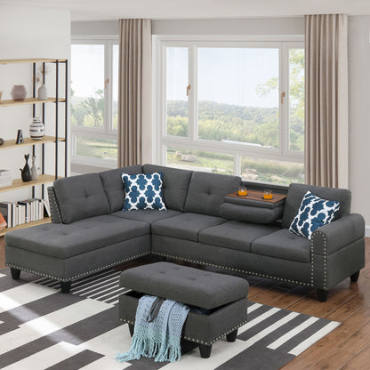 Alger - Left Hand Facing Sofa &amp; Chaise With Ottoman - Dark Gray