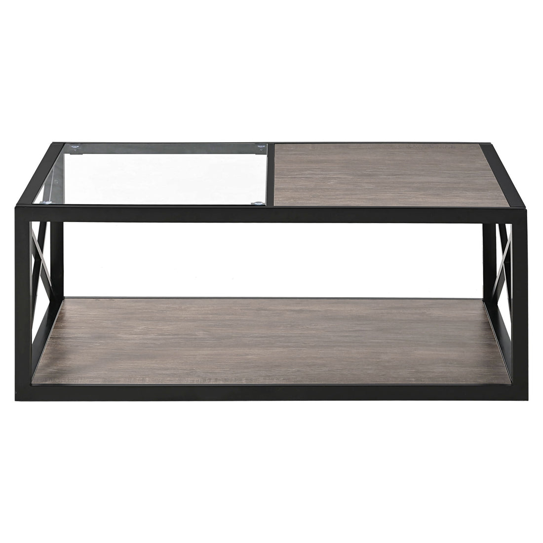 Industrial Style Coffee Table For Bedroom &amp; Living Room With Tempered Glass &amp; Wood Grain - Wood