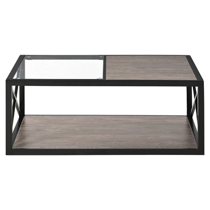 Industrial Style Coffee Table For Bedroom &amp; Living Room With Tempered Glass &amp; Wood Grain - Wood