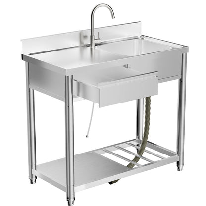 Outdoor Utility Sink With Workbench &amp; Storage Shelf, Freestanding Prep Table With Left Drawer, Garden Patio Sink Station With 360° Hot &amp; Cold Water Faucet - Silver