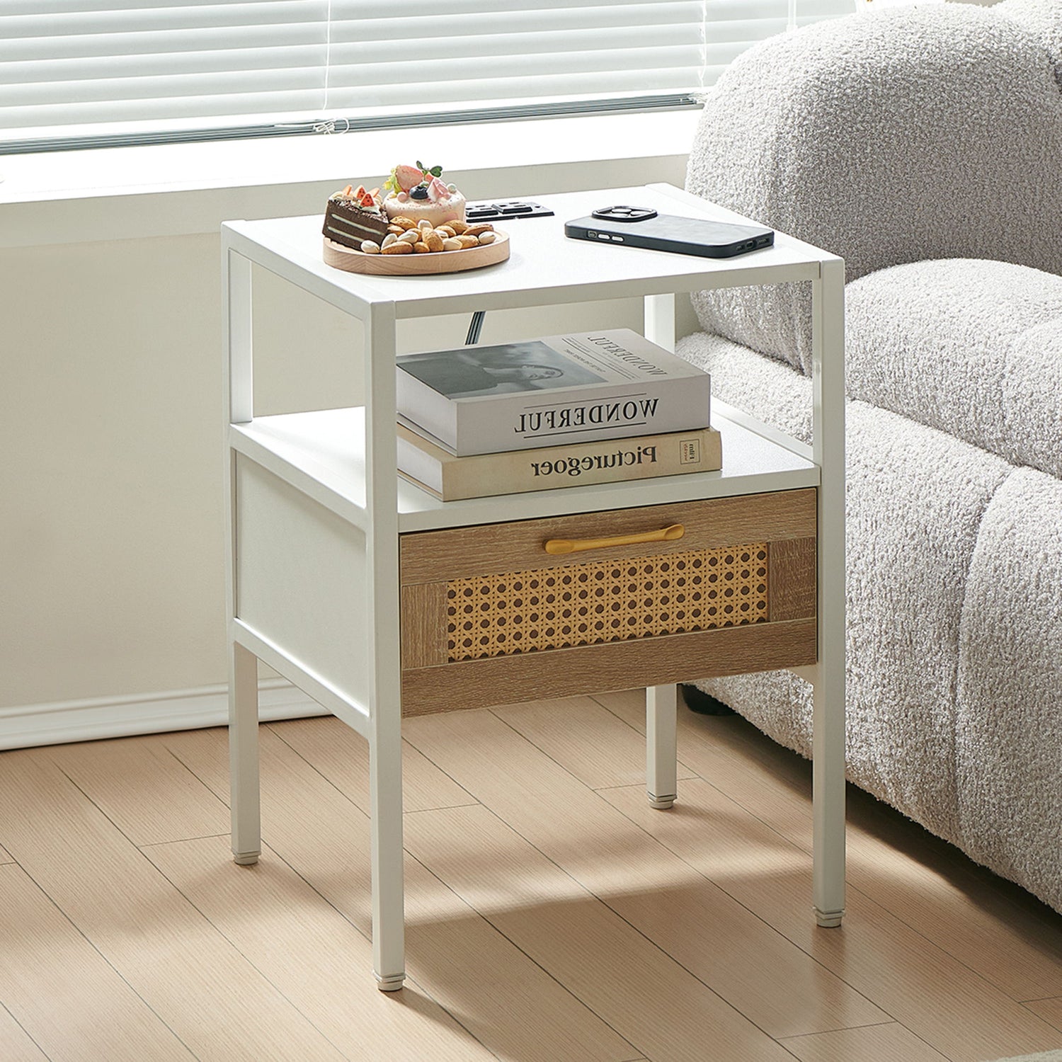 Rattan End Table With Power Outlet &amp; USB Ports, Modern Nightstand With Drawer And Metal Legs, Side Table For Living Room, Bedroom