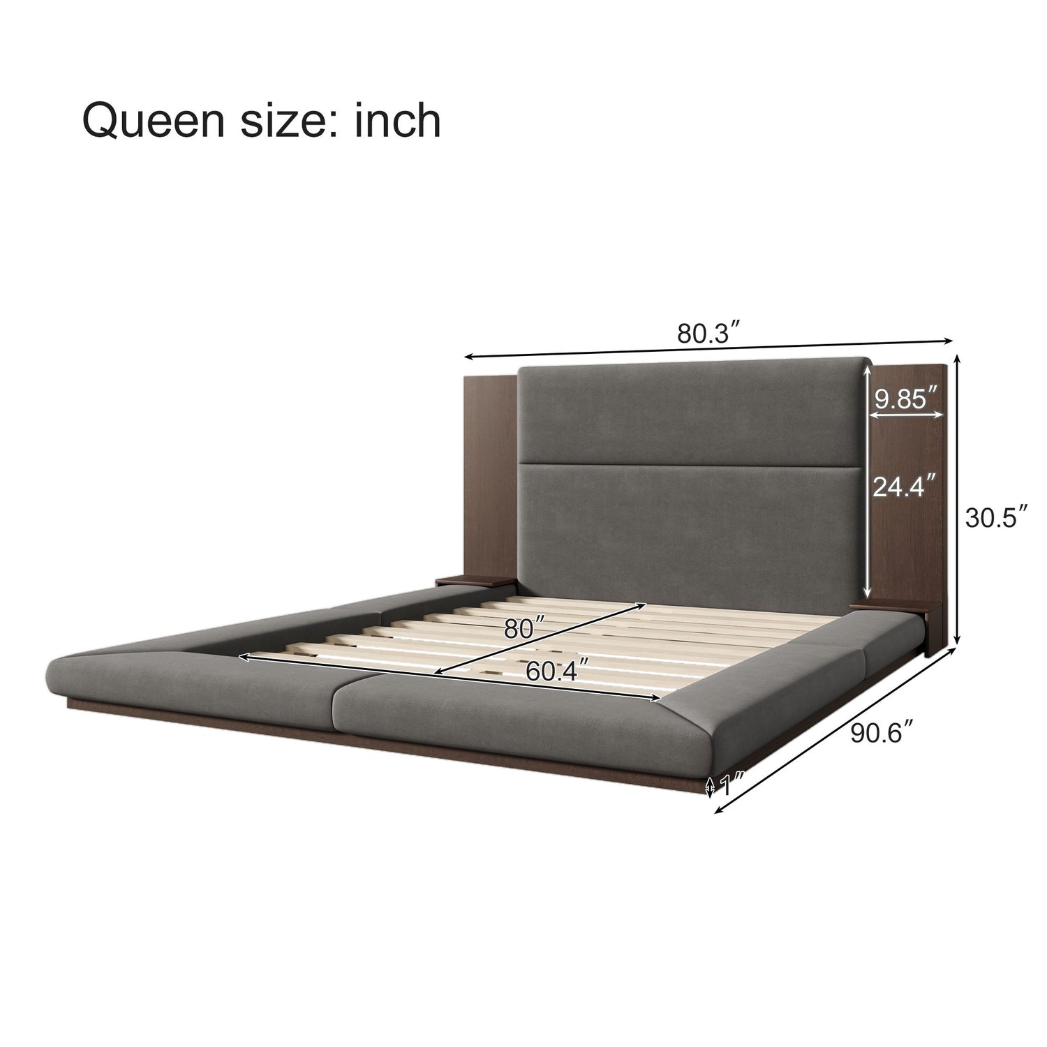 Floor Upholstered Platform Bed With Extended Headboard &amp; Bedside Shelf