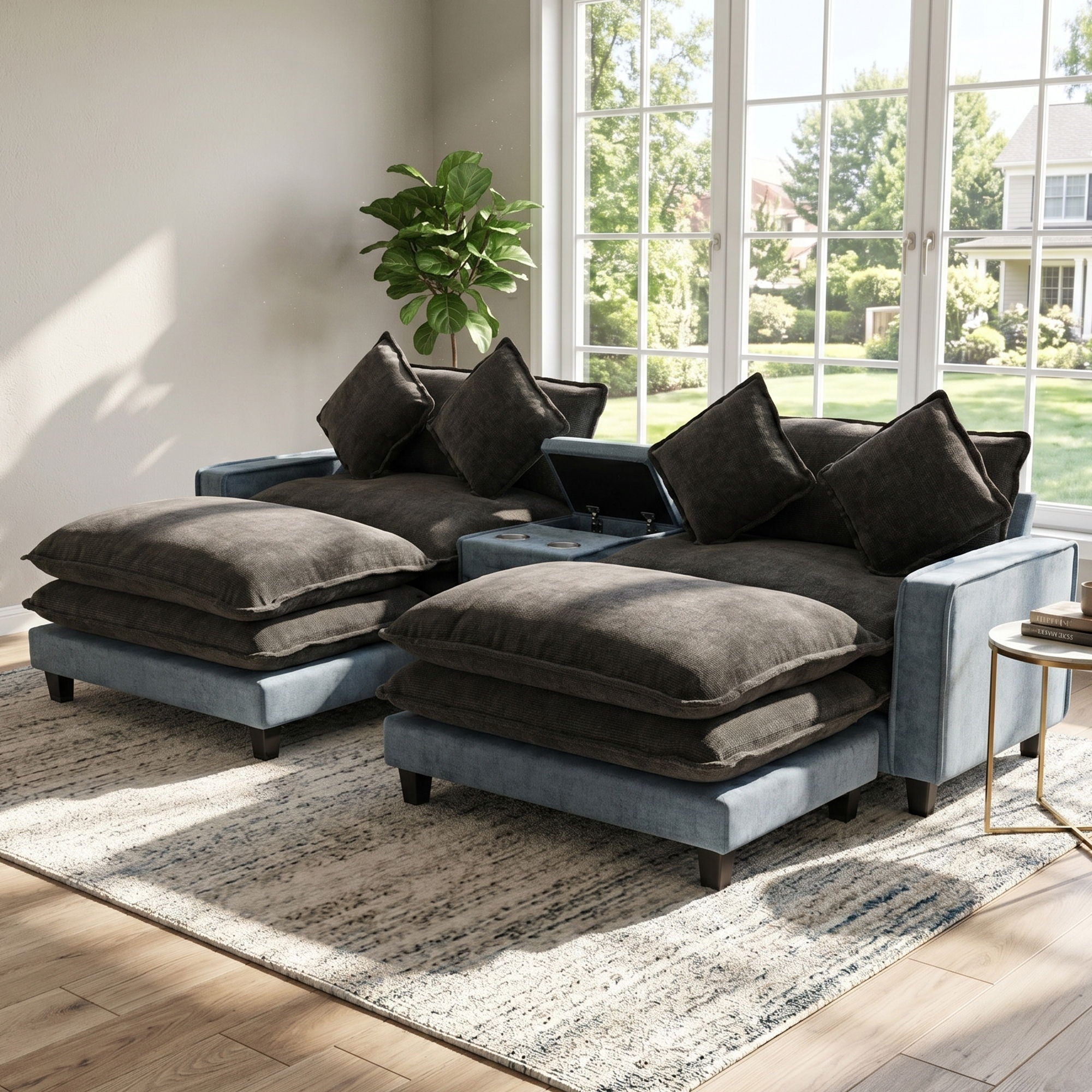 Sectional Sofa With Removable Ottomans, USB Ports, Cup Holders &amp; Storage - Gray / Light Blue