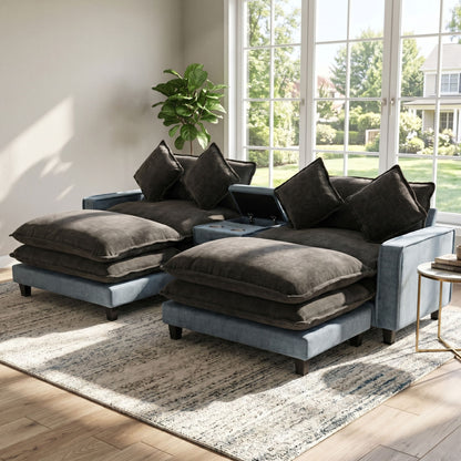 Sectional Sofa With Removable Ottomans, USB Ports, Cup Holders &amp; Storage - Gray / Light Blue