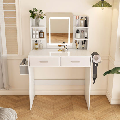 Elegant LED Mirror Vanity Dressing Table With Adjustable Lights, Drawers &amp; Storage - White