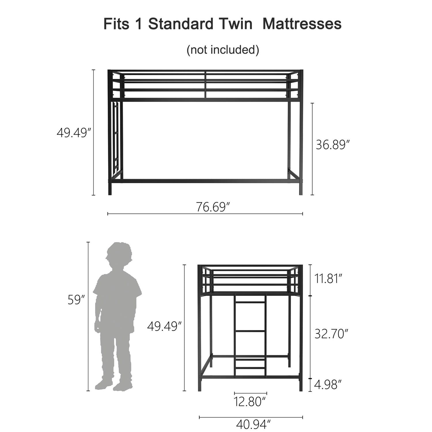 Adam - Junior Twin Loft Bunk Bed With Cinnamon Wood Shelf - Black