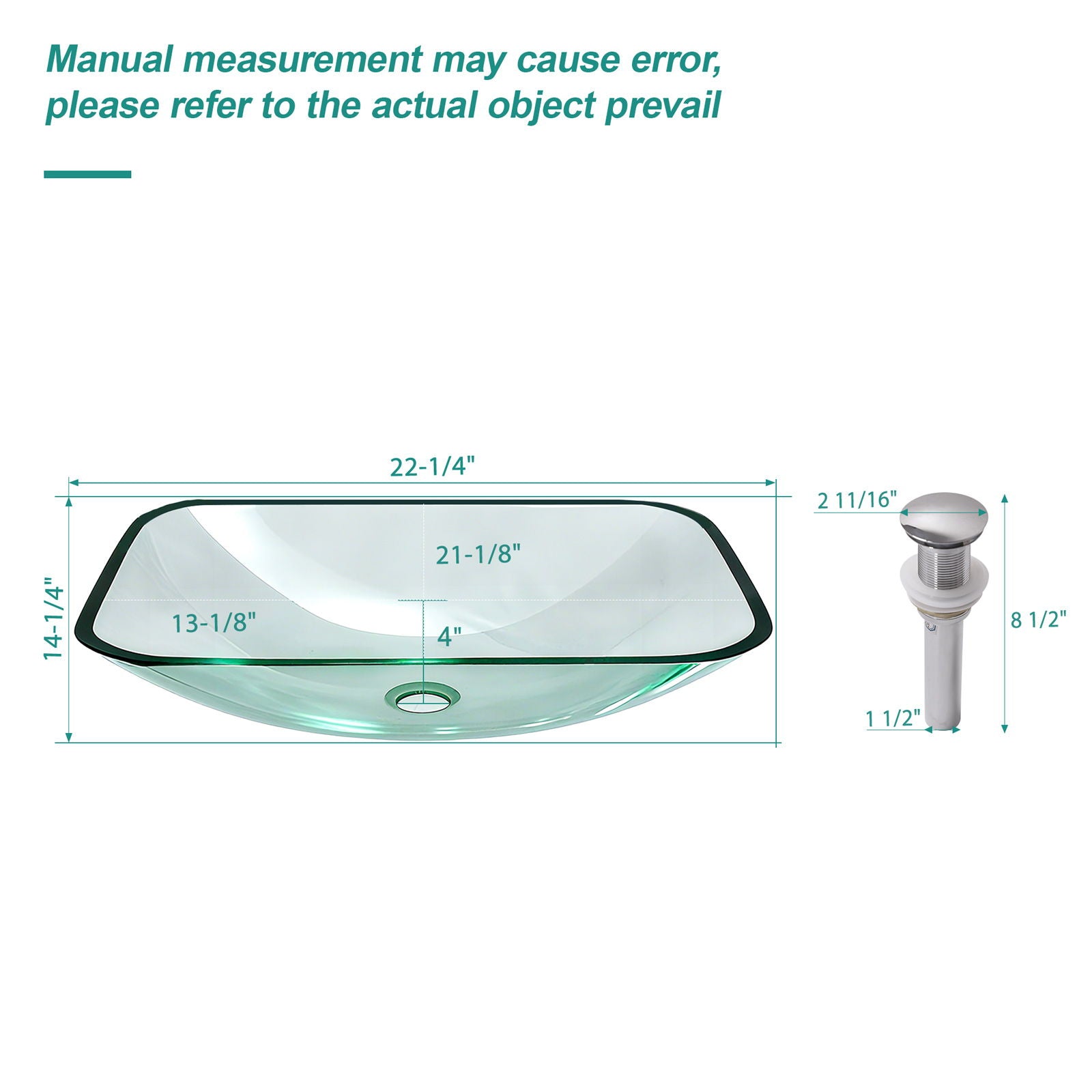 Clear Vessel Sink Rectangle Above Counter Bathroom Basin With Pop Up Drain, No Faucet - Clear