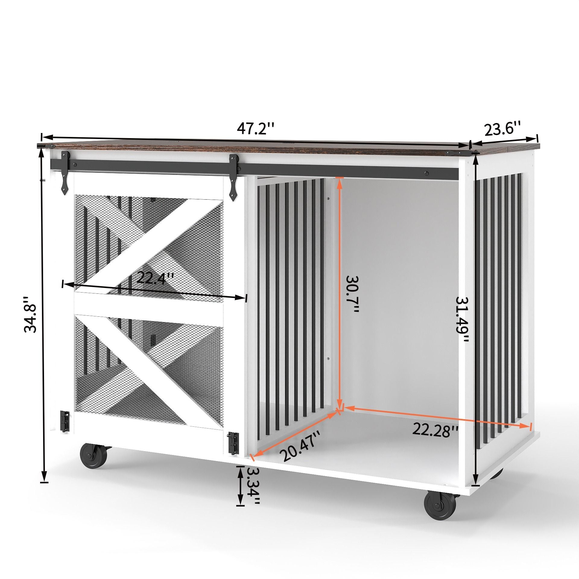 Mobile Dog Crate With Flip Top Feeding Door, Dual Access &amp; 5 Caster System (2 Locking) - Brown White
