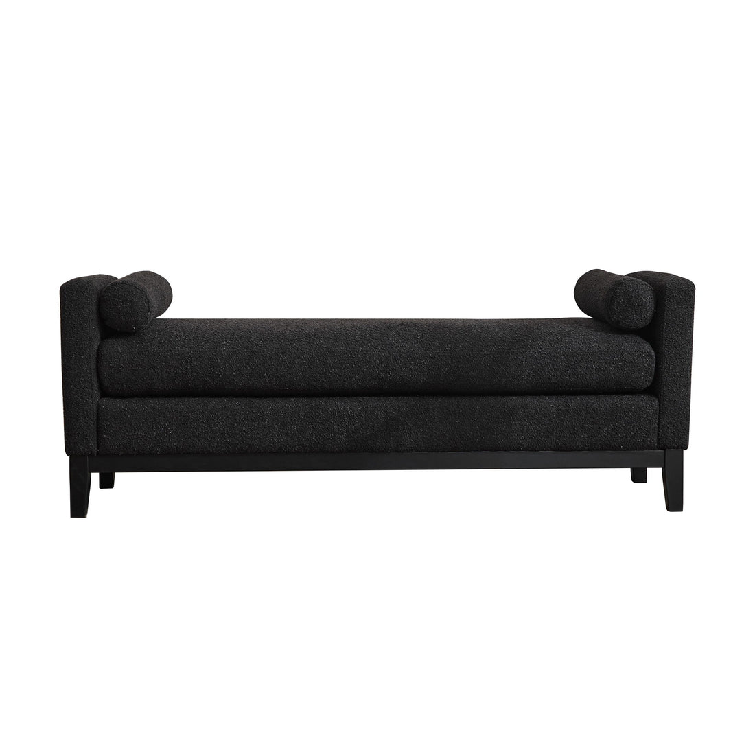 Elegant Upholstered Bench, Daybed, Ottoman With Wood Legs &amp; 2 Bolster Pillows - Black Boucle