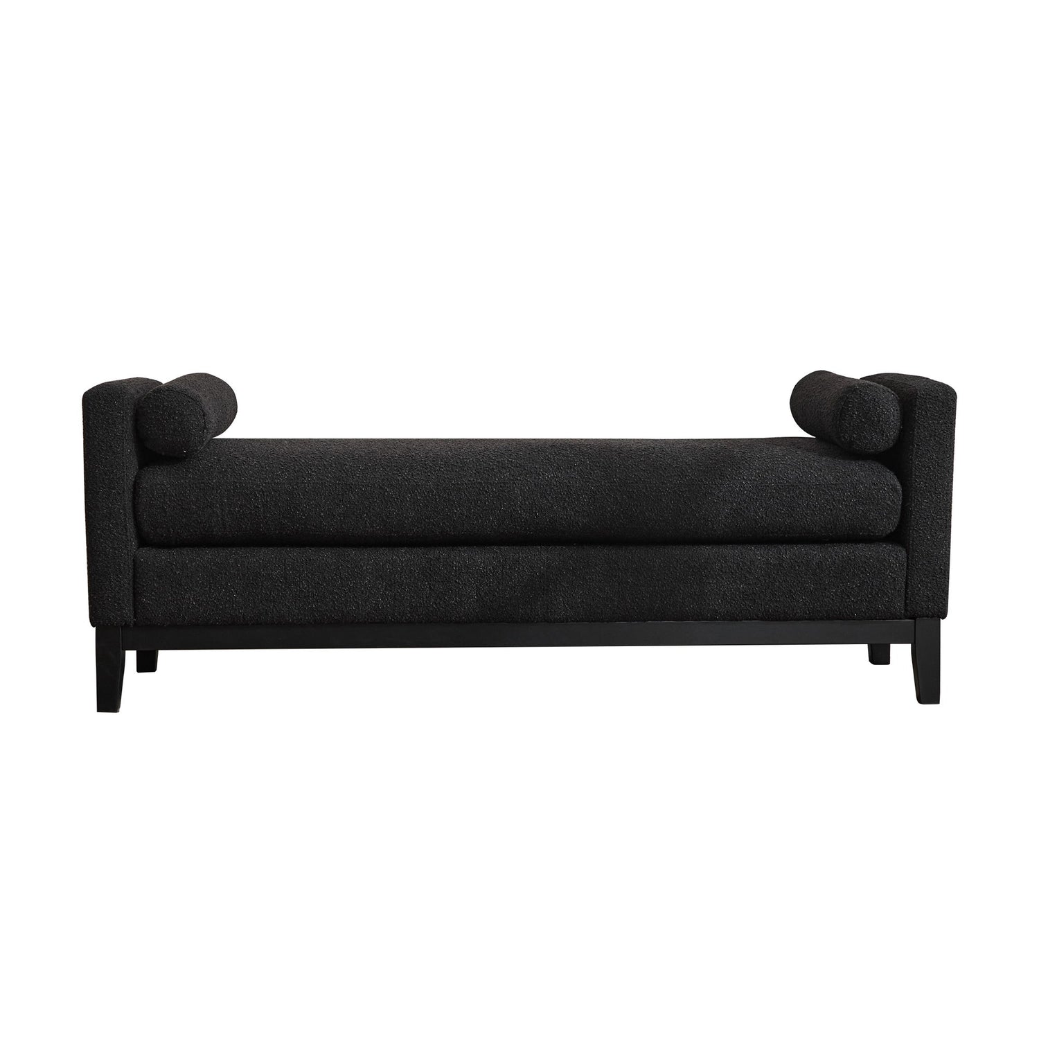 Elegant Upholstered Bench, Daybed, Ottoman With Wood Legs &amp; 2 Bolster Pillows - Black Boucle