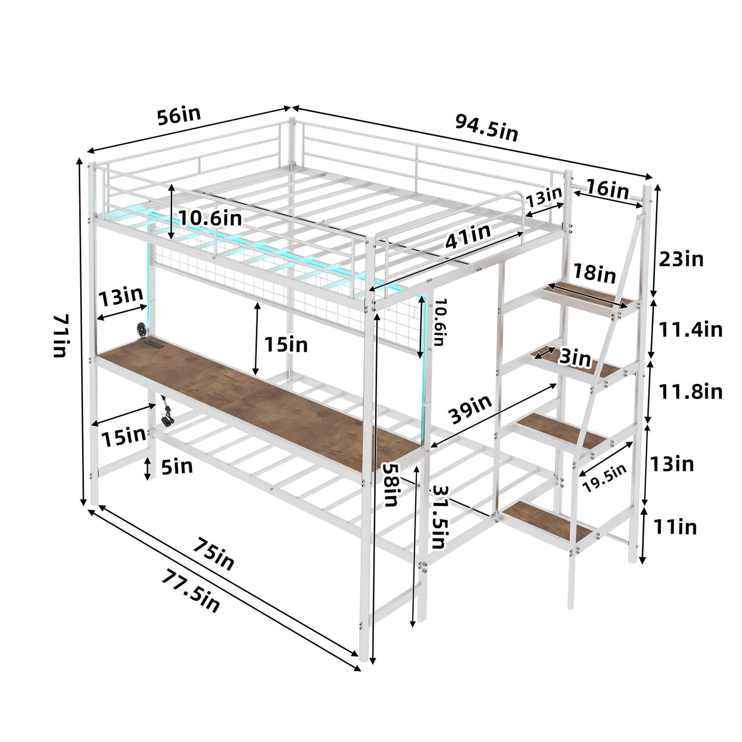 Bunk Bed With Built In Desk And LED Lighting