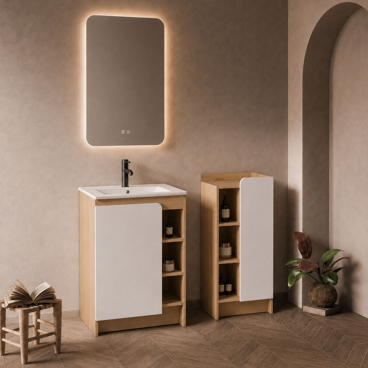 24" Bathroom Vanity With Sink &amp; Side Cabinet, Vanity Set With Thin Edge Sink &amp; Interchangeable Door Panels, Bathroom Storage - Black / Light Oak / White