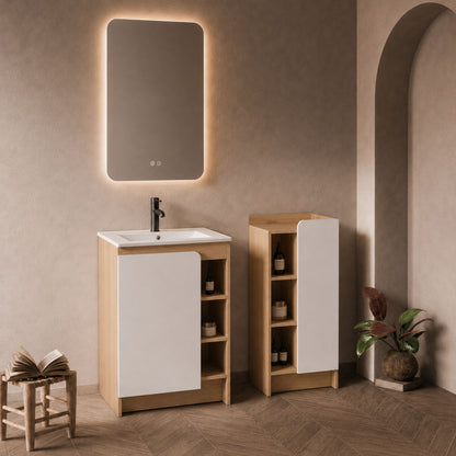 24" Bathroom Vanity With Sink &amp; Side Cabinet, Vanity Set With Thin Edge Sink &amp; Interchangeable Door Panels, Bathroom Storage - Black / Light Oak / White